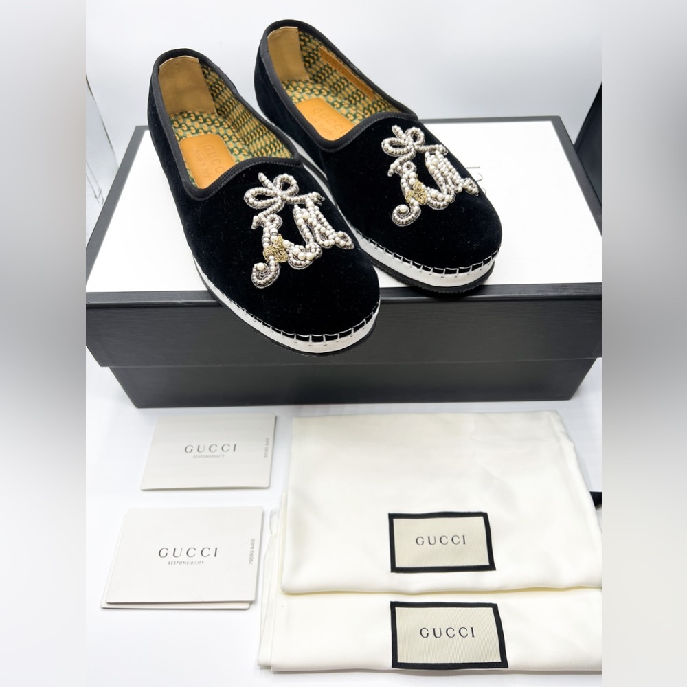 NWT Gucci Velluto Marmara Pearl Embellished Womens Mens Loafers 5.5 / 7.5